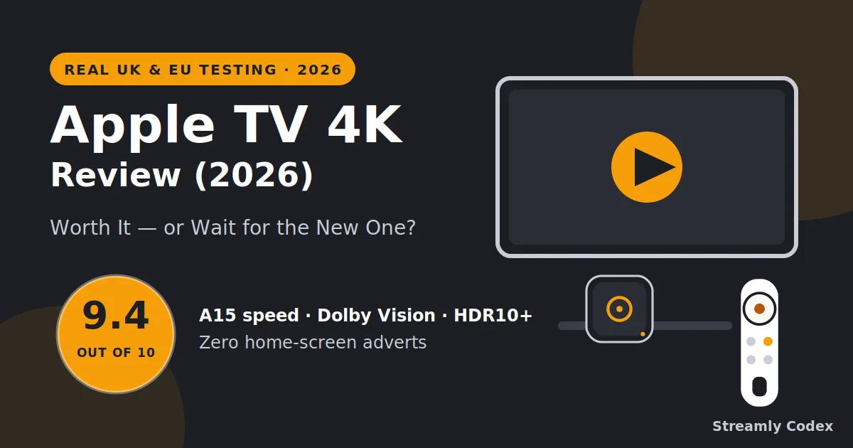 Apple TV 4K review 2026 graphic with a 9.4 out of 10 score