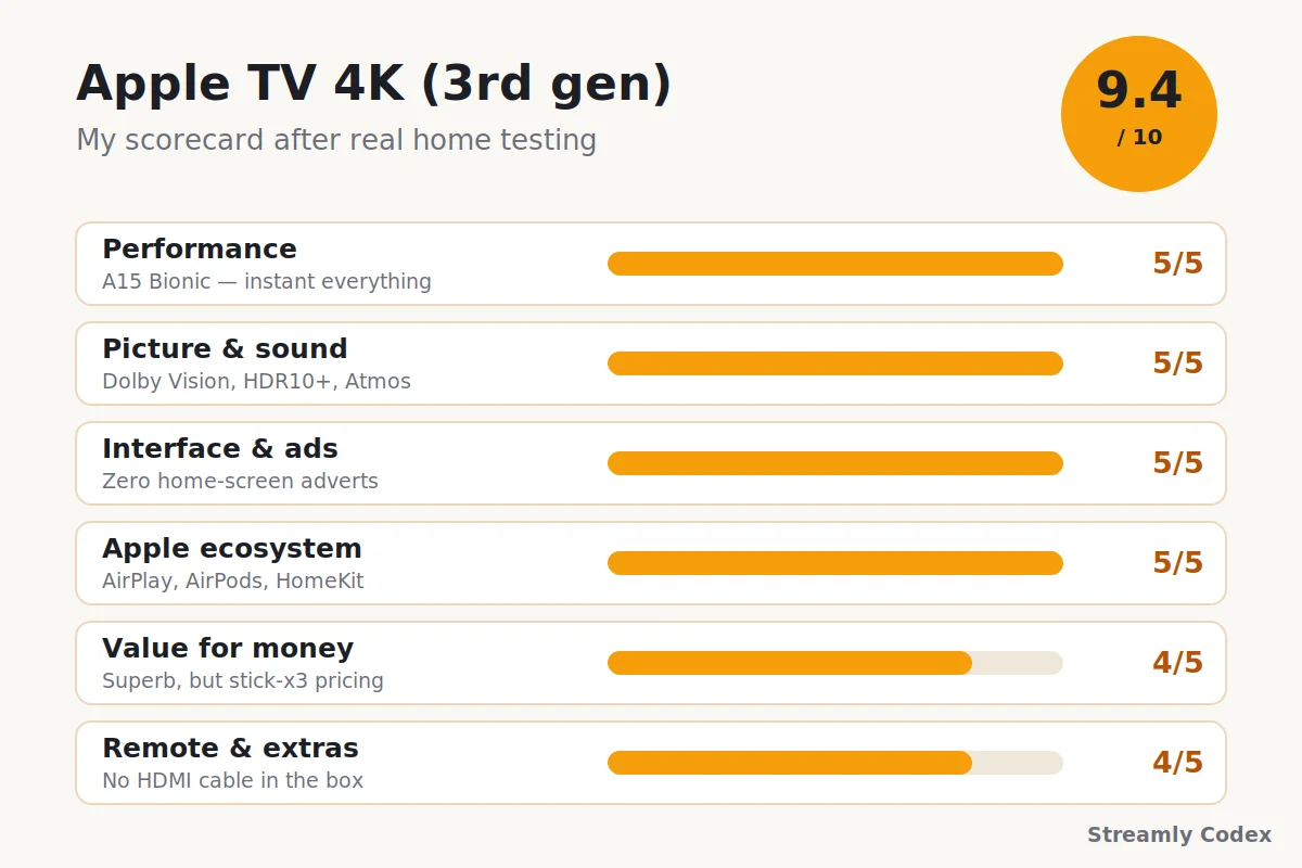 Apple TV 4K scorecard showing 9.4 out of 10 across six categories