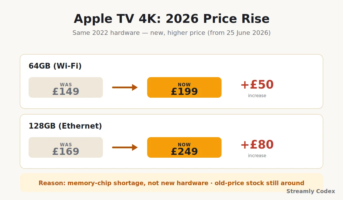 Apple TV 4K 2026 price increase chart showing 64GB rising from 149 to 199 pounds and 128GB from 169 to 249 pounds