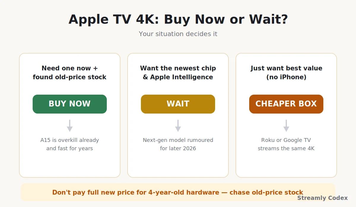 Decision guide on whether to buy the Apple TV 4K now or wait, based on your household and budget in 2026