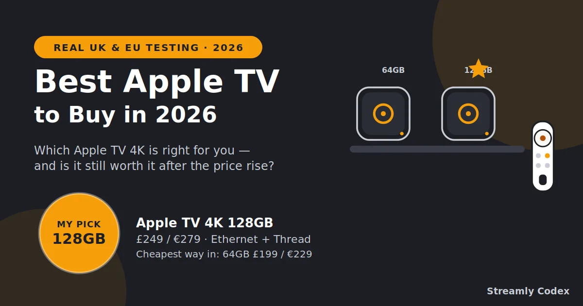 Best Apple TV devices in Europe 2026 buying guide comparing the Apple TV 4K 64GB and 128GB models