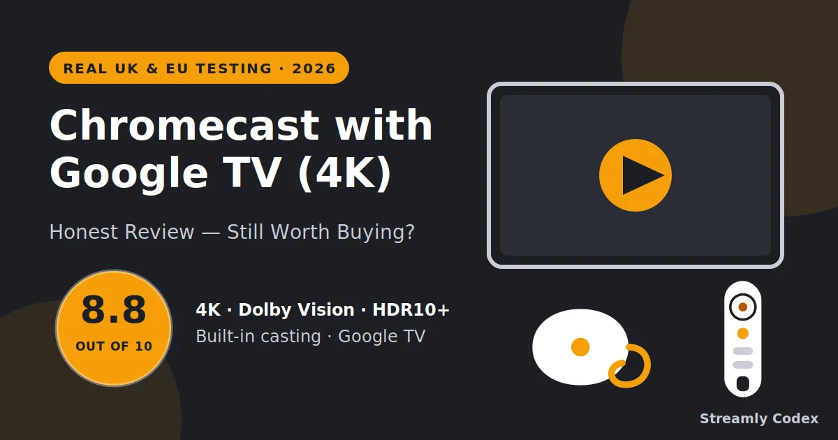 Chromecast with Google TV 4K review 2026 graphic with an 8.8 out of 10 score