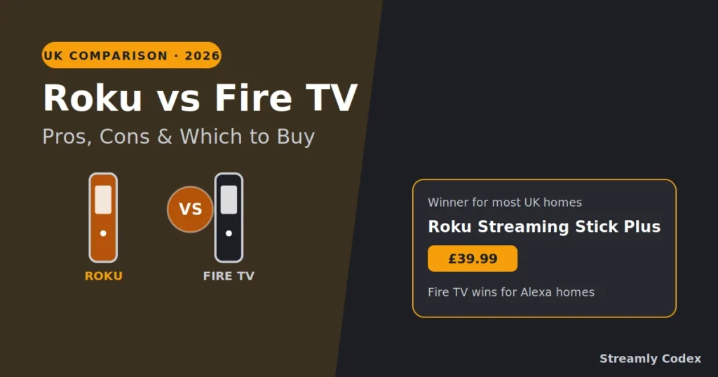 Roku vs Fire TV 2026 comparison of price, apps, Dolby Vision and Alexa for UK buyers