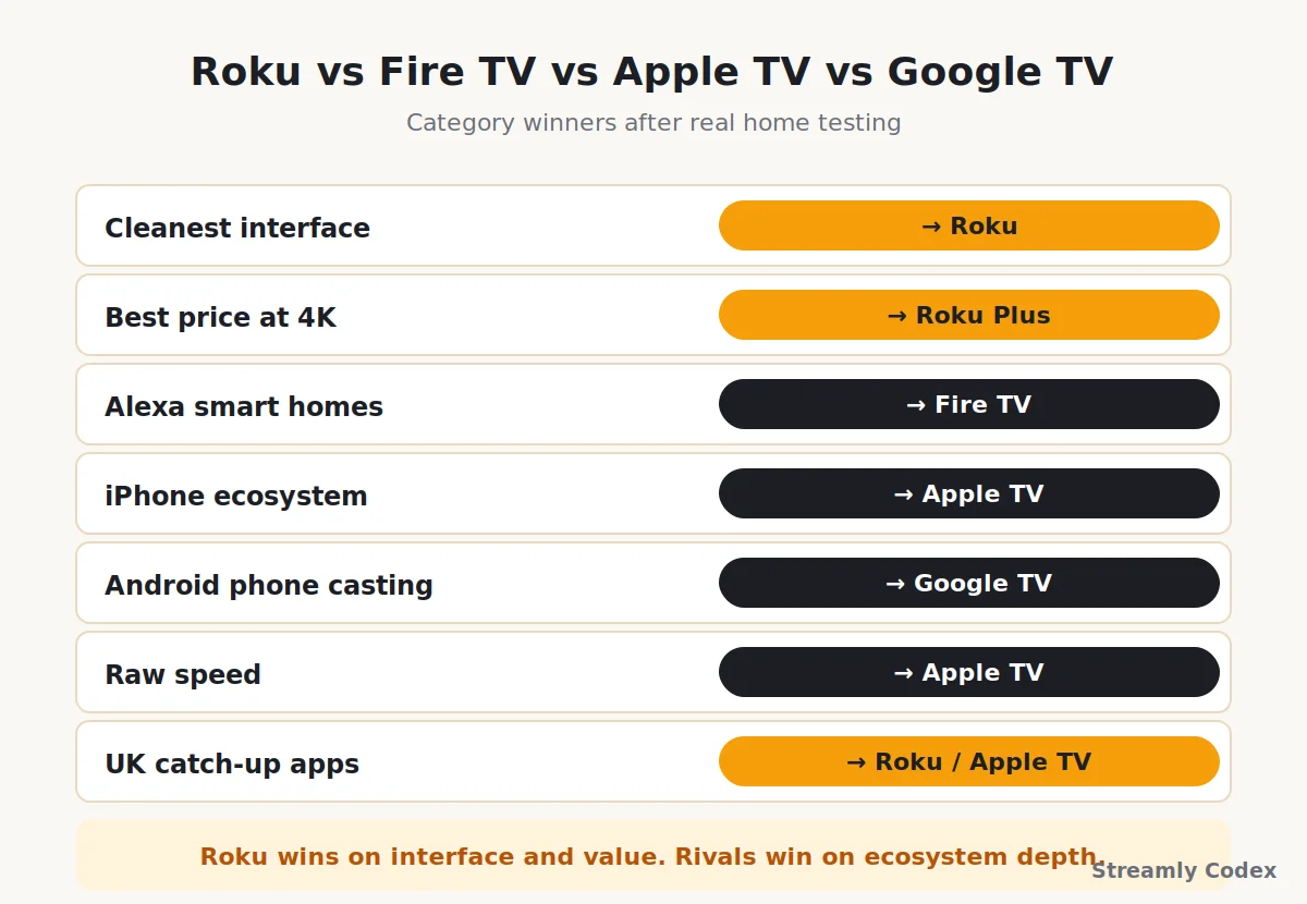 Category winners comparing Roku against Fire TV, Apple TV, and Google TV streamers