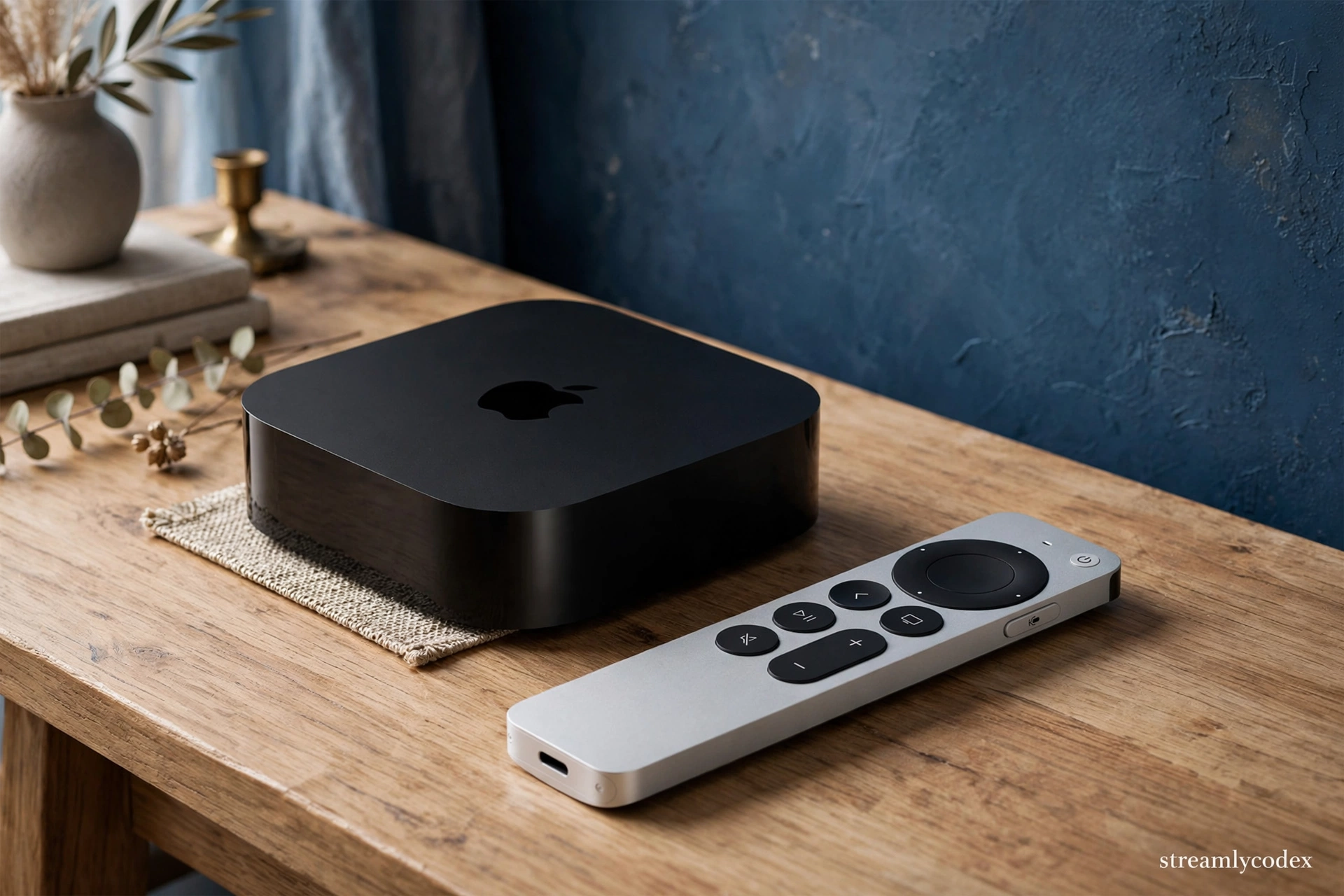 Apple TV 4K box with Siri Remote on a wooden desk