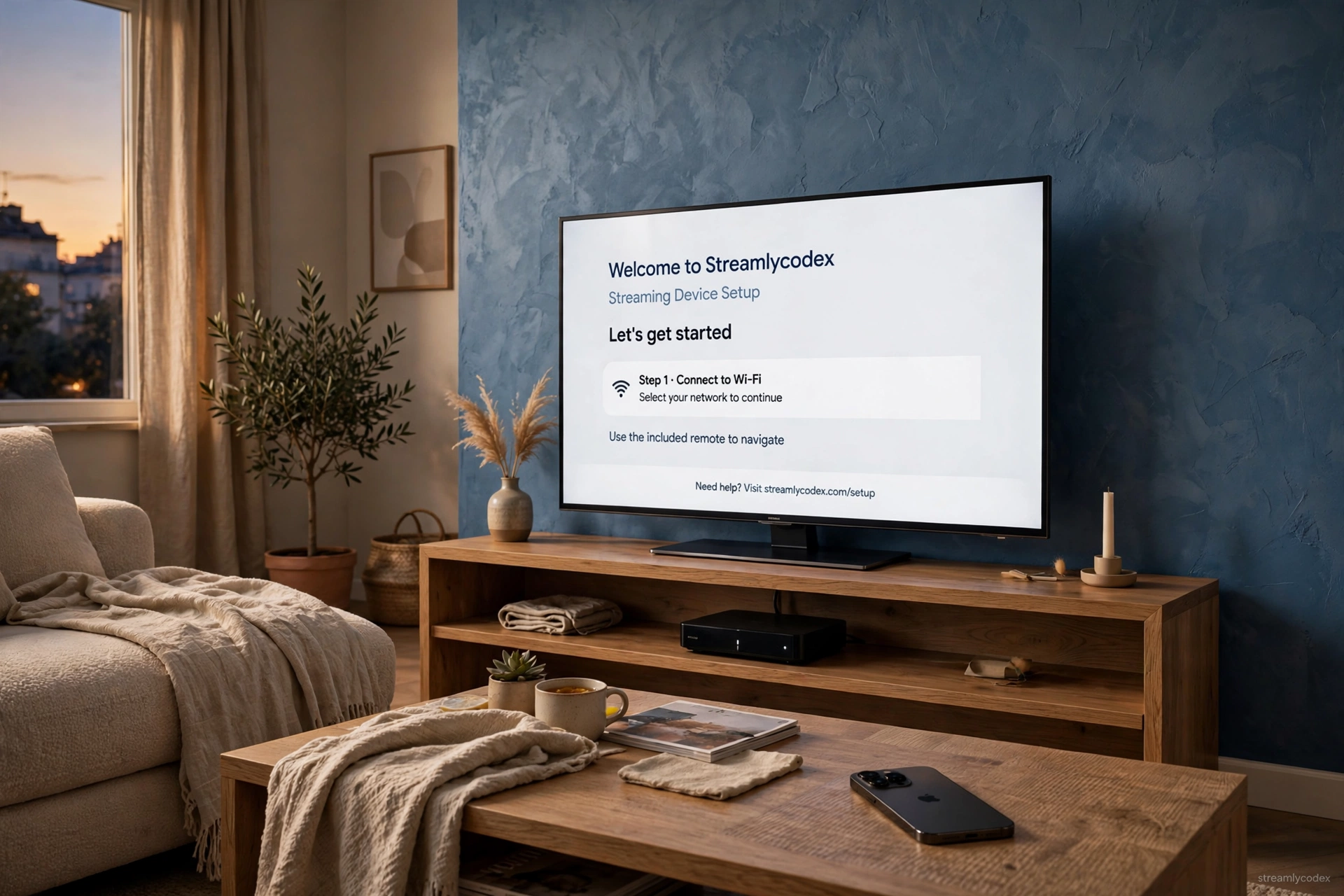 TV showing Apple TV setup screen with iPhone nearby in a European living room