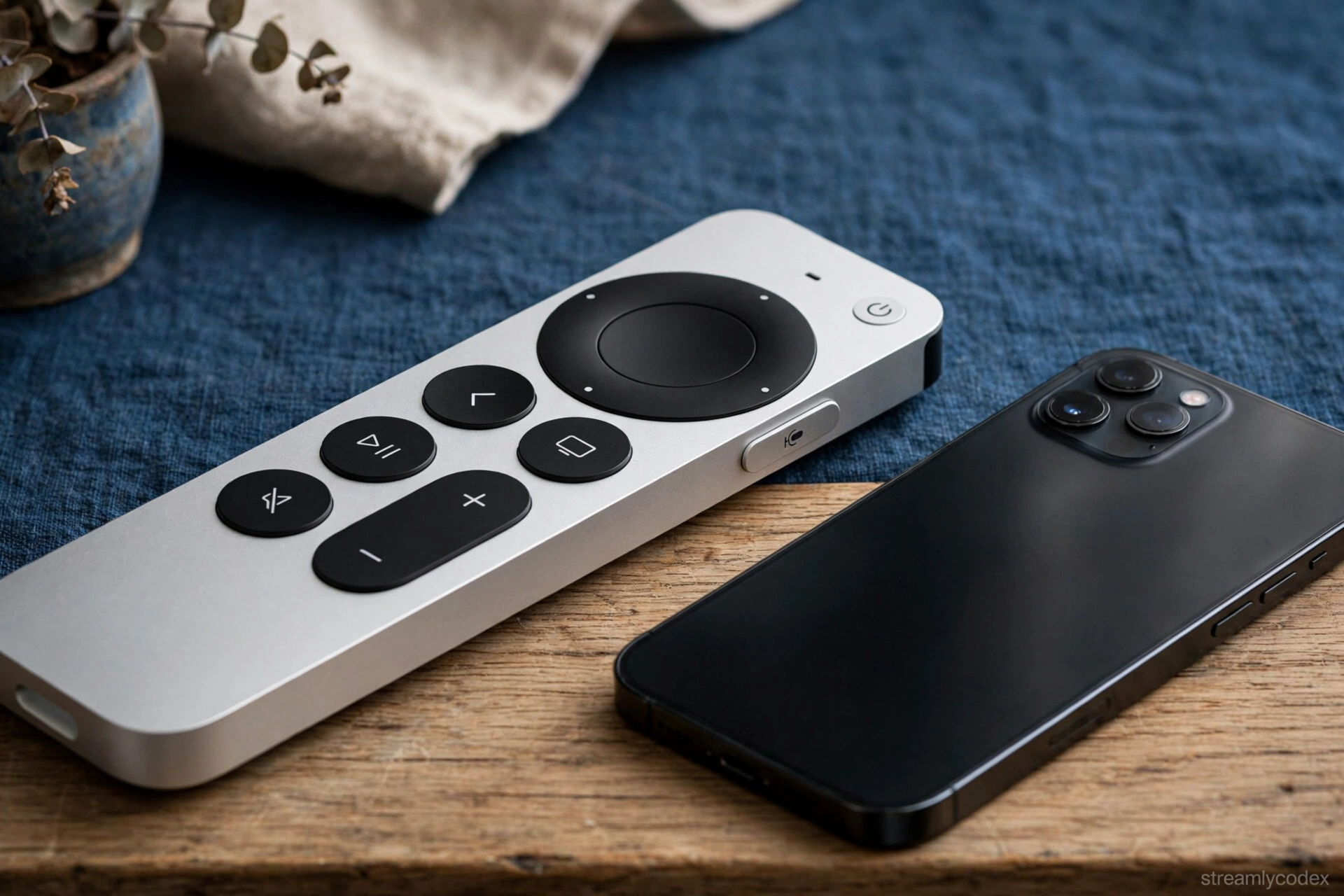 Siri Remote close-up next to an iPhone on a wooden desk