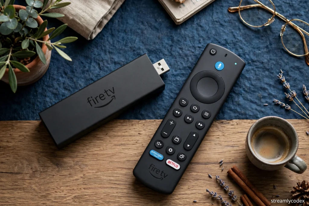 Fire TV Stick 4K Max with Alexa voice remote on a wooden desk