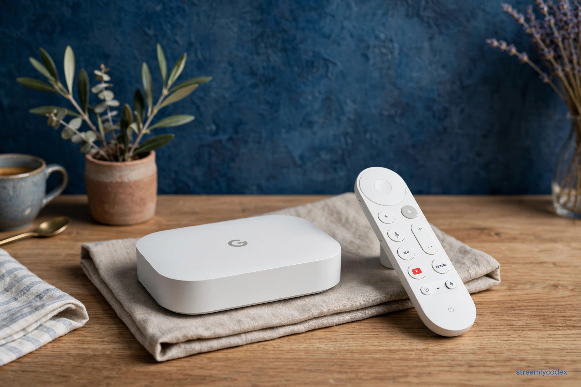 Google TV Streamer 4K box with voice remote on a wooden desk