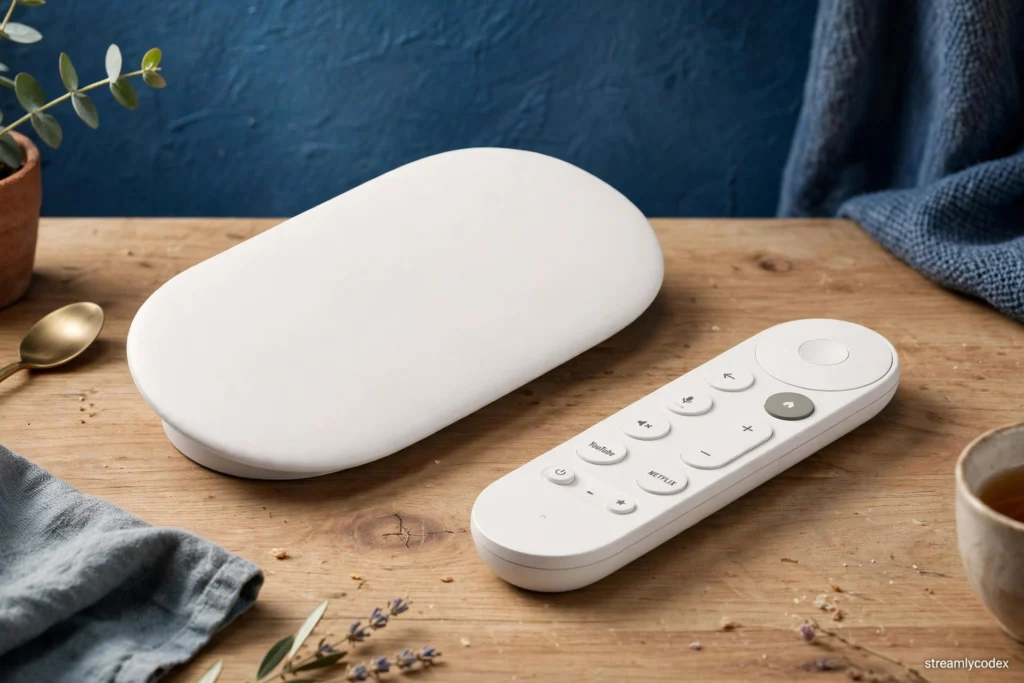 Google TV Streamer device with voice remote on a wooden desk