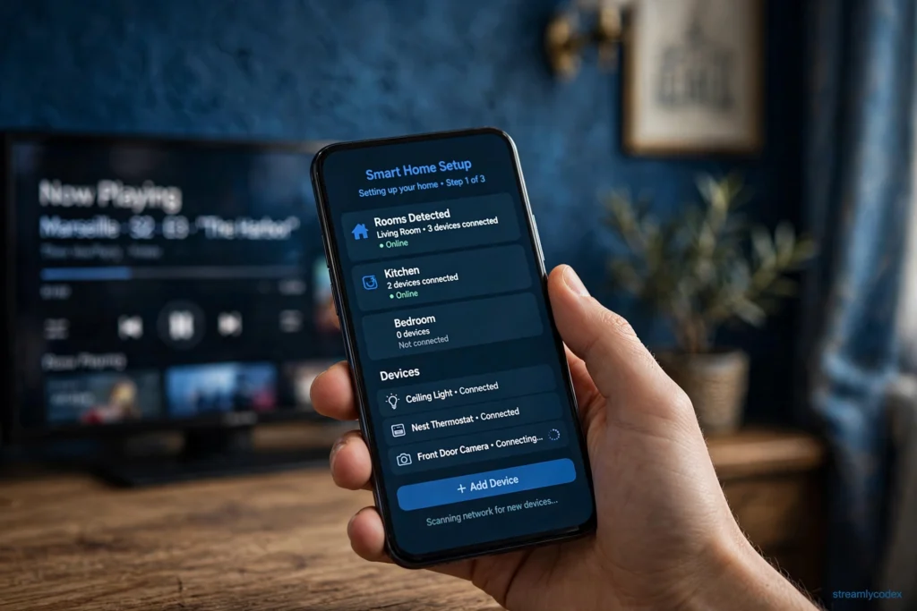 Hand holding smartphone during Google TV phone setup