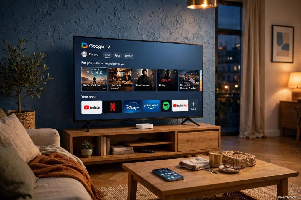 TV showing Google TV home screen with smartphone in a European living room