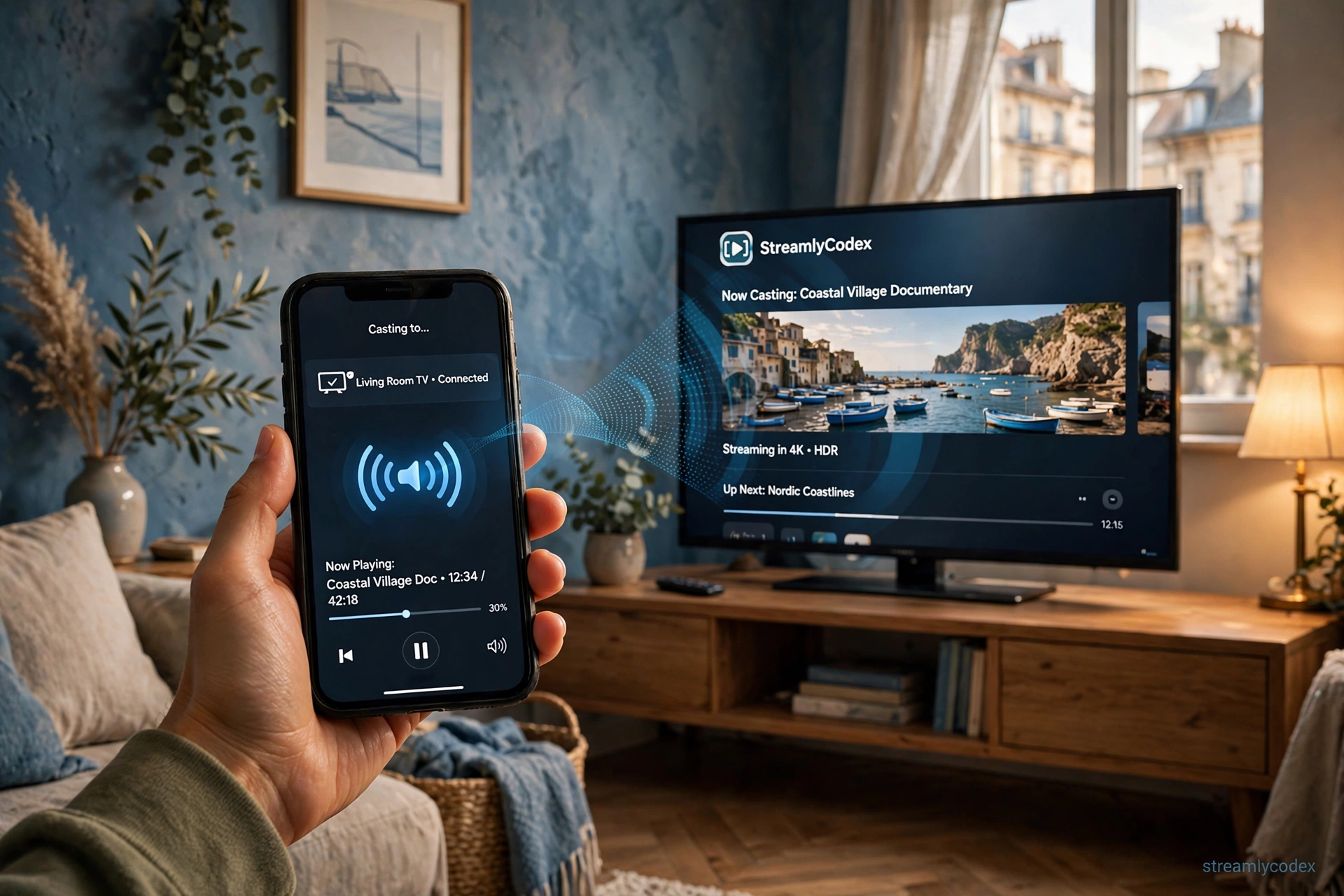 Smartphone casting video to a TV in a European living room