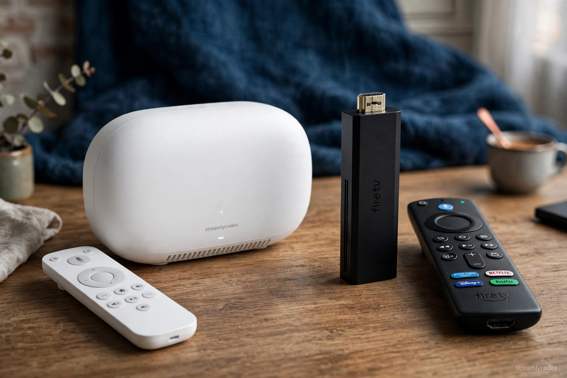 Google TV Streamer versus Fire TV Stick 4K Max on a wooden desk