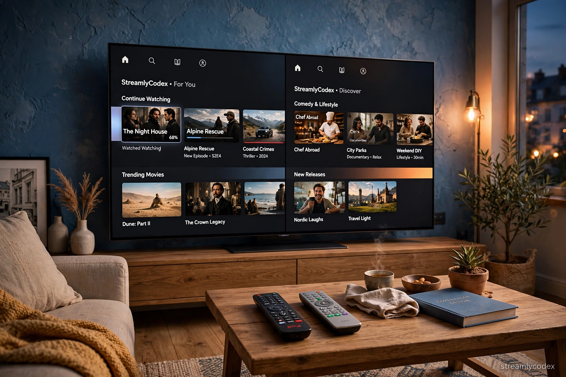 TV showing Google TV and Fire TV home screens side by side