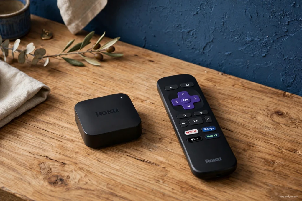 Roku Express 4K streaming box with remote on a wooden desk