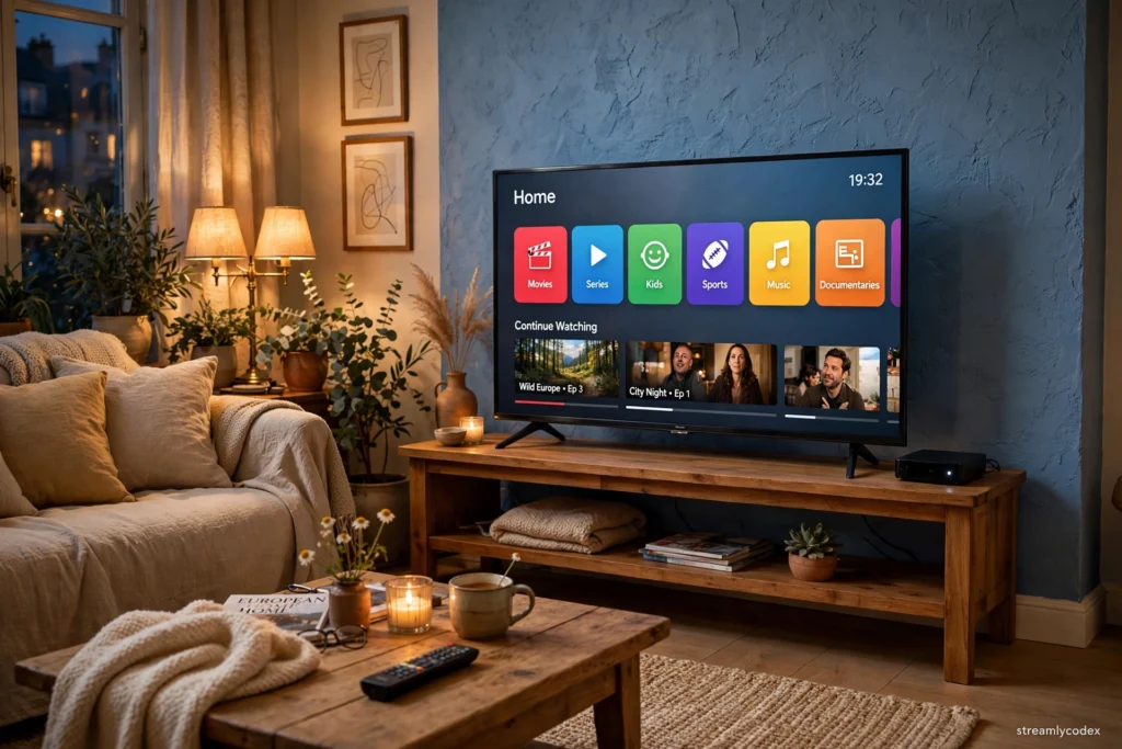 TV showing Roku home screen in a European living room